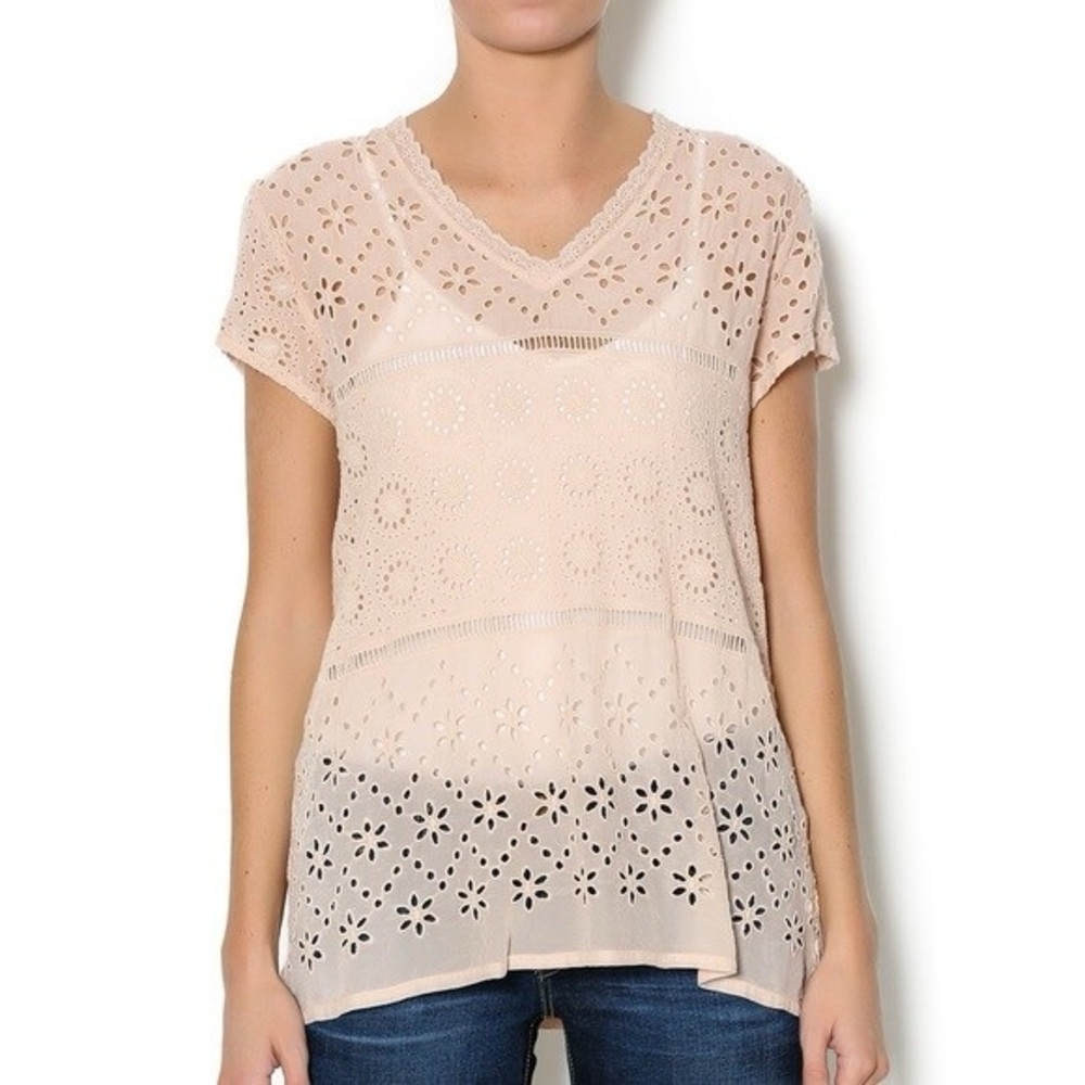 Johnny Was Pink/Peach Tiered Eyelet Blouse.  Size XS